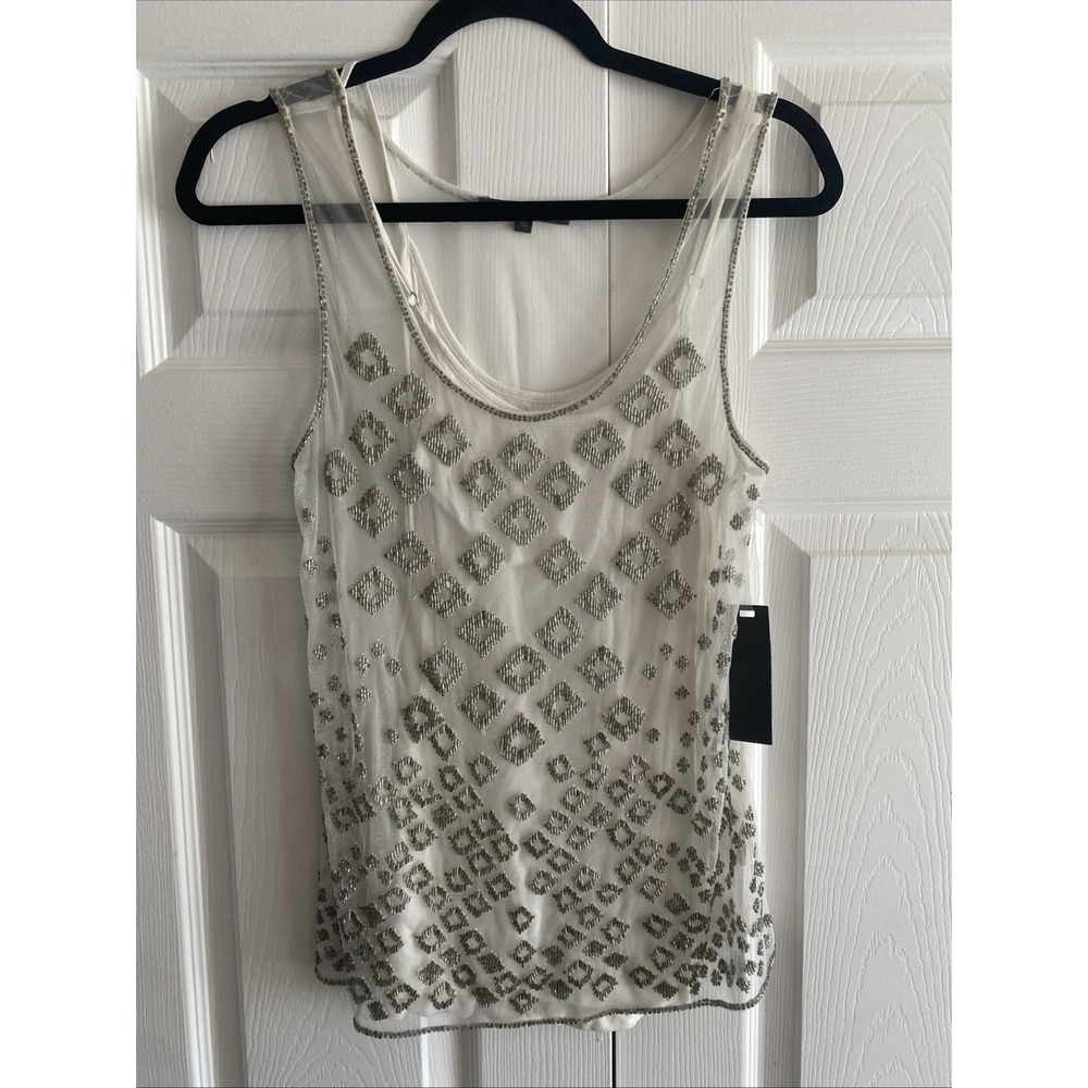 Teen Angel Bugle Beaded Tank Womens Size XS White Silver Mesh‎ Y2K Glam Sparkle